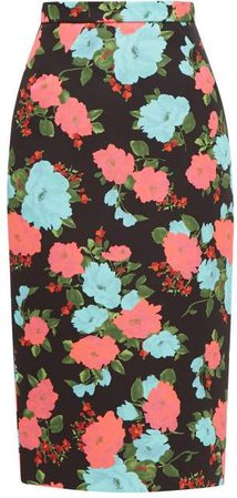 Denica Floral Print Scuba Twill Pencil Skirt - Womens - Black Multi