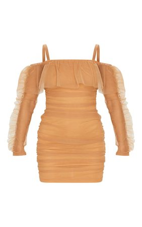 Nude Organza Ruched Bardot Frill Bodycon Dress | PrettyLittleThing