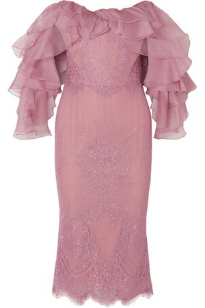 Marchesa | Off-the-shoulder ruffled corded lace and organza dress | NET-A-PORTER.COM