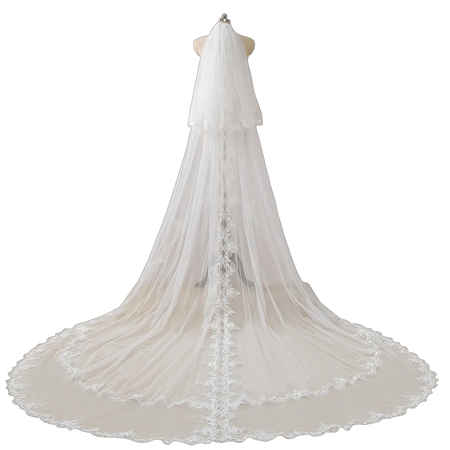 Two Tiered Cathedral Veil with Lace Trim Wedding Veil Ivory Scalloped Wedding Veil Lace Edge Chapel Veil Long Bridal Veil with Blusher Veil