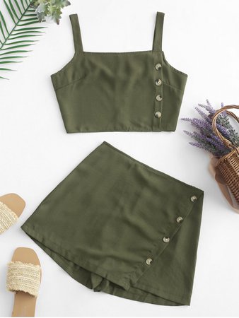 [29% OFF] 2021 Buttons Crop Top And Overlap Shorts Set In ARMY GREEN | ZAFUL