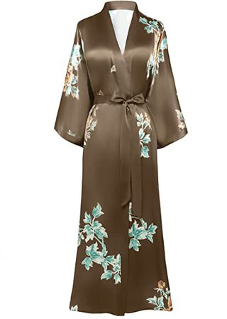 BABEYOND Floral Kimono Robe Satin Silk Wedding Robe 1920s Kimono Nightgown Sleepwear 53 Inches Long (Plum Blossom-Pink) at Amazon Women’s Clothing store