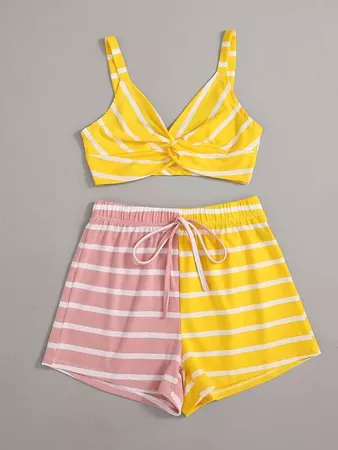 yellow Striped Twist Crop Tank Top & Colorblock Shorts | SHEIN USA