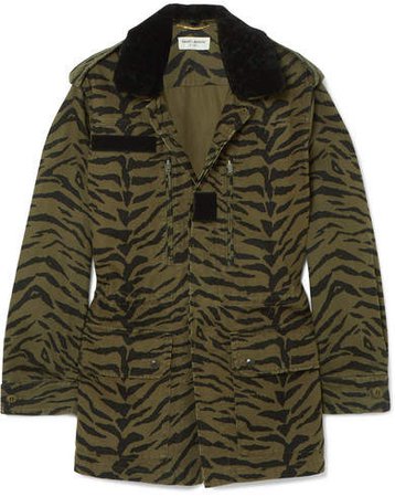 Shearling-trimmed Zebra-print Cotton-blend Twill Jacket - Army green