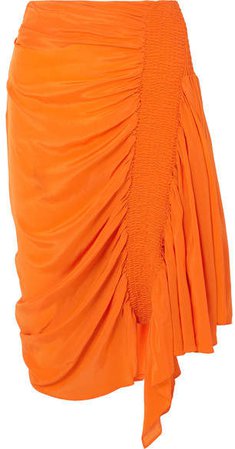 Rosa Asymmetric Shirred Crepe De Chine Skirt - Orange