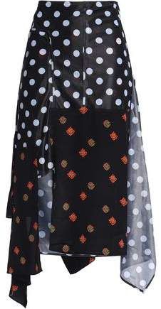 Asymmetric Floral-print Jersey-paneled Polka-dot Gazar Midi Skirt