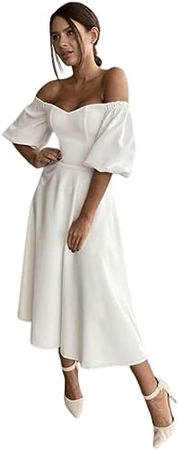 Amazon.com: Women’s Off Shoulder Puff Sleeve Midi Dress Elegant A Line Dress for Cocktail Evening Party : Clothing, Shoes & Jewelry