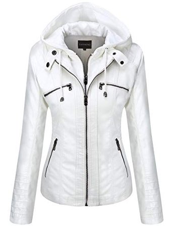 Tanming Women's Removable Hooded Faux Leather Jackets white