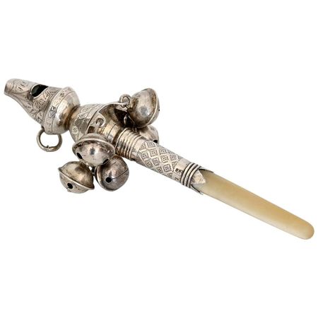 Sterling Silver Baby Rattle Whistle Mother of Pearl Handle Birmingham, 1818 For Sale at 1stDibs