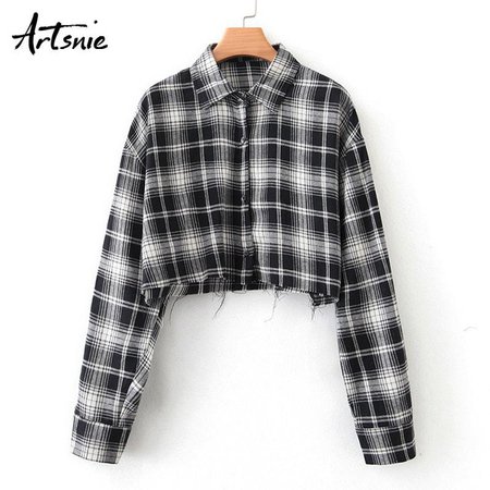 Artsnie Spring 2019 Green Plaid Casual Blouse Women Turn Down Collar Cropped Feminino Streetwear Crop Tops Shirt Blusas Mujer-in Blouses & Shirts from Women's Clothing on Aliexpress.com | Alibaba Group