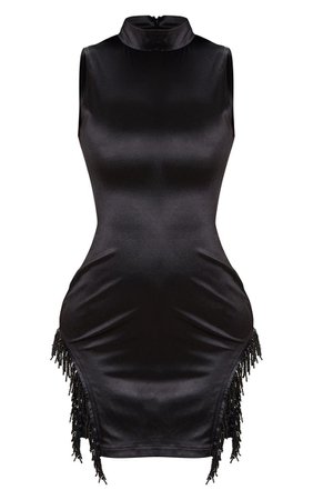 Black Satin High Neck Diamante Trim Bodycon Dress | PrettyLittleThing