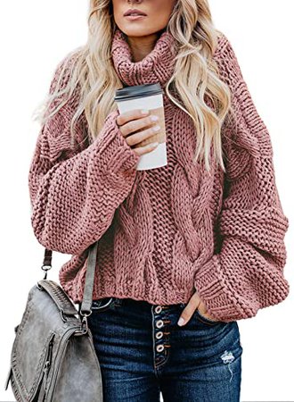 FARYSAYS Women's Winter Warm Turtleneck Sweaters Long Balloon Sleeve Oversized Chunky Knitted Pullover Tops Pink Medium at Amazon Women’s Clothing store