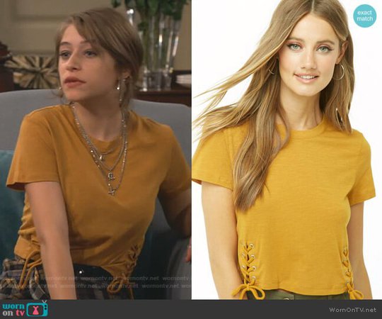 WornOnTV: Shannon’s yellow lace-up tee on Fam | Odessa Adlon | Clothes and Wardrobe from TV