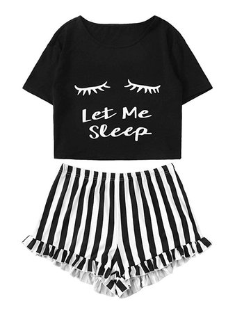 WDIRA Women's Sleepwear Closed Eyes Print Tee and Shorts Pajama Set at Amazon Women’s Clothing store: