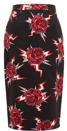 Electric Roses Print Cotton Pencil Skirt - Womens - Black Multi