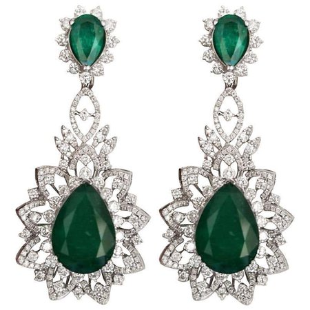 26.64 Carat Emerald Pear Shape and Diamond Dangle Earrings For Sale at 1stDibs