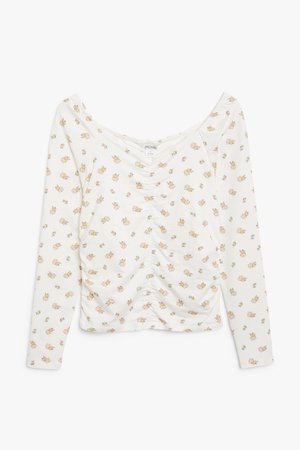 Ruched long-sleeve top - White floral - T-shirts - Monki WW