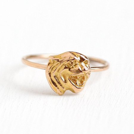 Antique Tiger Ring 14k Rosy Yellow Gold Figural Stick Pin