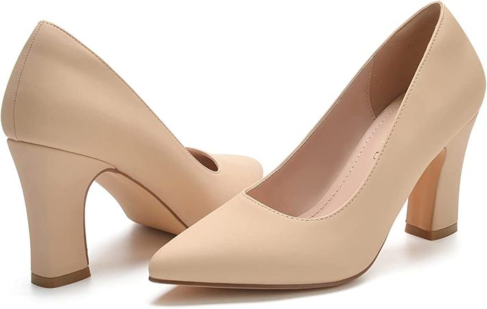 Amazon.com | BUEUPU Women's Chunky High Heels Closed Pointed Toe Pumps Dress Office Shoes for Women（Nude Nubuck,5） | Pumps