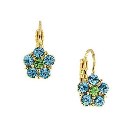 Gold-Tone Aqua Blue and Lt. Green Flower Drop Earrings