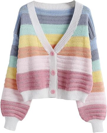 SweatyRocks Women's Color Block V Neck Button Front Knit Cardigan Sweater Outerwear Rainbow S at Amazon Women’s Clothing store