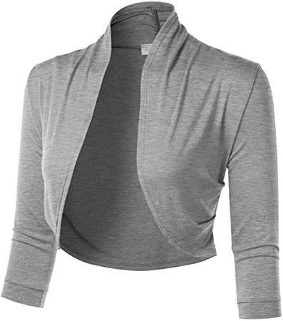 FLORIA Women's 3/4 Sleeve Open Front Cropped Bolero Shrug Cardigan with Side Pleats HEATHERGREY L at Amazon Women’s Clothing store