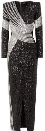 Wrap-effect Embellished Stretch-satin Gown - Black