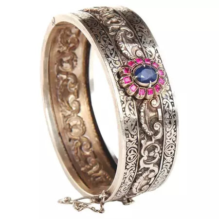 Imperial Russian 84 Silver Bangle Bracelet natural 2ct Sapphire Ruby Enamel/34gr For Sale at 1stDibs