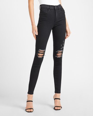 High Waisted Denim Perfect Black Ripped Skinny Jeans