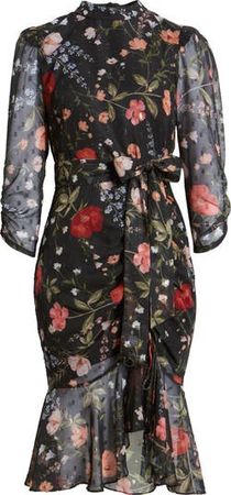 Eliza J Floral Metallic Detail Long Sleeve Body-Con Chiffon Dress | Nordstrom