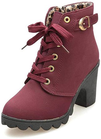 SNIDEL Women Ankle Martin Boots Lace Up Platform Chunky High Heels Zipper Autumn Booties with Buckle Straps Wine Red