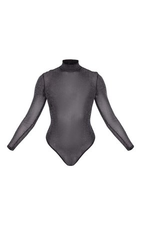 Black Sheer Glitter High Neck Bodysuit | PrettyLittleThing USA