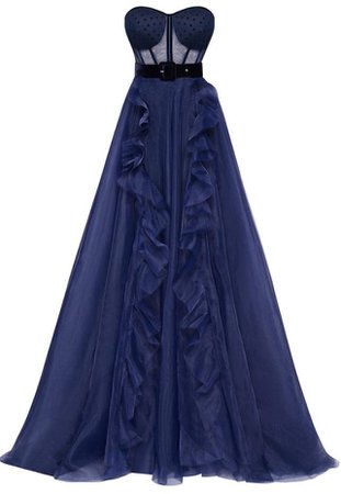 Milla Nova royal blue gown with cascading skirt and puffy sleeves