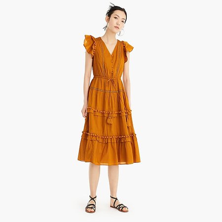 Point Sur flutter-sleeve pom-pom midi dress - Women's Dresses | J.Crew