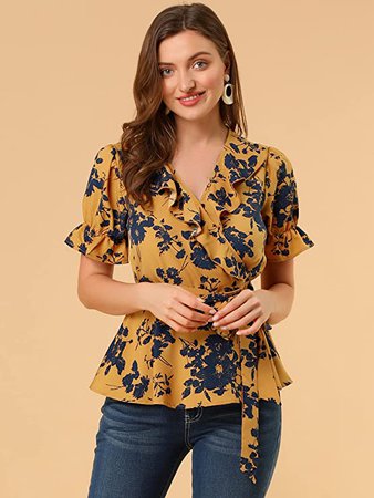 Allegra K Women's Wrap Peplum Top Blouse Tie Waist Short Sleeve Ruffle Floral V Neck Belted Shirts Small Yellow at Amazon Women’s Clothing store