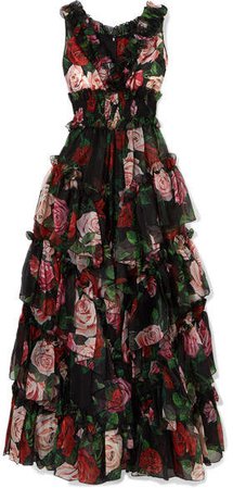 Ruffled Tiered Floral-print Silk-chiffon Gown - Black