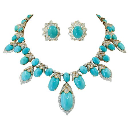 David Webb Turquoise, Diamond Necklace and Earrings For Sale at 1stDibs