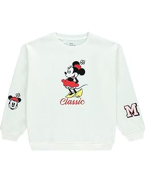 Ladies Mickey Mouse Fashion Sweatshirt Crewneck - Chenille Patch & Embroidery Sleeve - Mickey & Minnie Sweatshirt (Winter White, X-Large) at Amazon Women’s Clothing store