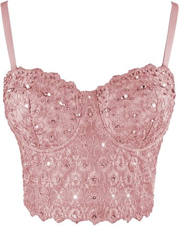 ELLACCI Women's Natural Reigning Lace Rhinestone Bustier Crop Top Sexy Mesh Corset Top Bra Large Pink at Amazon Women’s Clothing store