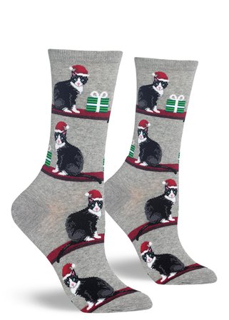 Tuxedo Cat Christmas Socks | Cute Socks With Cat in Santa Hat - ModSock
