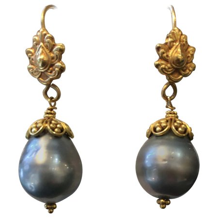Tahitian Pearl and 22 Karat Gold Drop Earrings by Deborah Lockhart Phillips For Sale at 1stDibs
