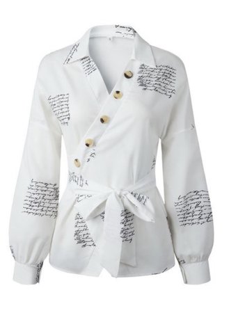 white blouse with black writing