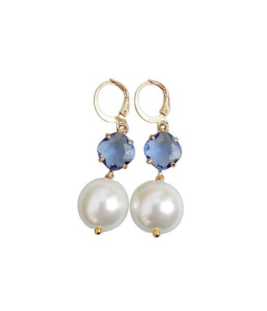 Real Natural Ocean Blue Quartz Crystal Gemstone Santorini Greece Greek Wedding Style Swarovski Glass Pearl Classy Gold Dangle Earrings 1.8"