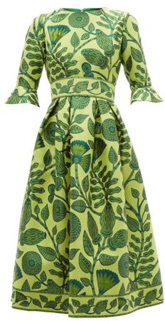 Belted Floral Jacquard Midi Dress - Womens - Green Multi