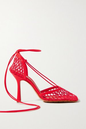 Lace-up Leather-trimmed Mesh Pumps - Tomato red