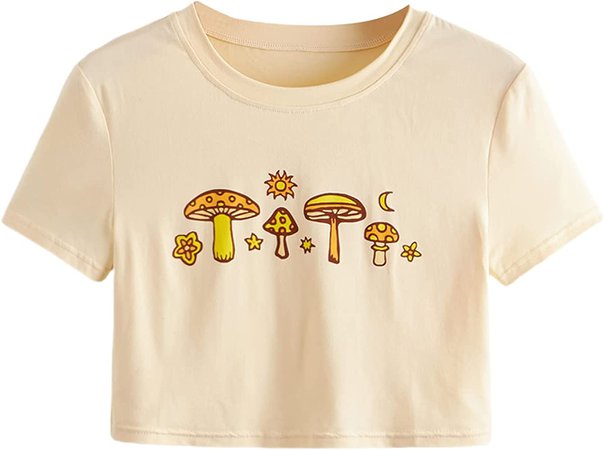 SweatyRocks Women's Short Sleeve Print Crop Top T Shirt Black Mushroom XS at Amazon Women’s Clothing store