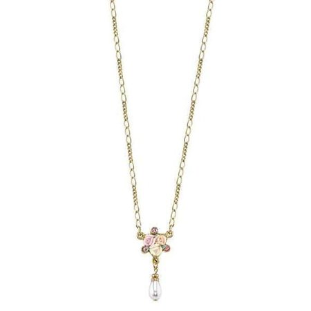 1928 Jewelry Gold-Tone Crystal Ivory and Pink Porcelain Rose Costume Pearl Necklace