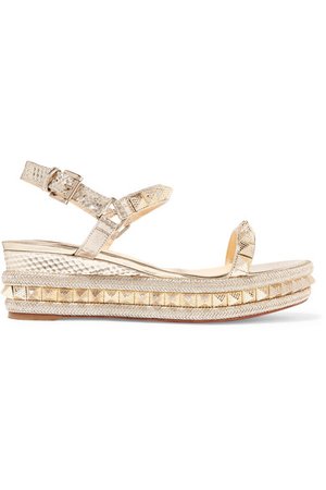 Christian Louboutin | Pyraclou 60 spiked textured-leather wedge sandals | NET-A-PORTER.COM