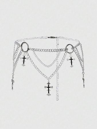 ROMWE Goth 1pc Women's Gothic Style Double-Layered Chain Waist Belt, With Silver & Black Cross Decoration And 3 Adjustable Buckles, Perfect For Dress-Up Or Daily Look | SHEIN USA