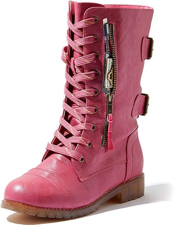 Amazon.com: DailyShoes Women's Military Lace Up Buckle Combat Boots Mid Knee High Exclusive Credit Card Pocket, Elegant red, 9 B(M): Shoes